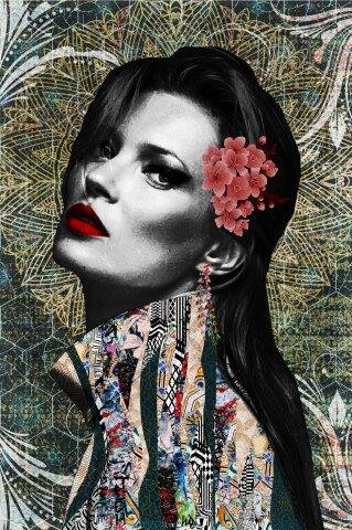 Kate Moss kunstwerk, Van Saar collagekunst, fashion portret, zwart-wit kunst met kleur, iconisch vrouwportret, luxe wanddecoratie, mixed media portret vrouw, glamoureus kunstwerk, schilderij kopen rotterdam, schilderij alexandrium, schilderij capelle aan den ijssel, schilderij kopen barendrecht, schilderij kopen Hoekschewaard