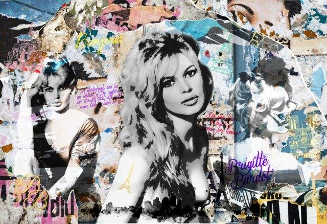 Brigitte Bardot kunstwerk, grunge collage kunst, schilderij kopen Barendrecht, statement art vrouw, kunst kopen Alexandrium, vintage popart canvas, Van Saar collagekunst, Franse filmicoon kunst, kunst cadeau vrouw, kunst in Capelle aan den IJssel, schilderij met vrouwengezichten, GINVI art gallery Rotterdam, handgemaakte wanddecoratie, kunst met karakter, Bardot aan de muur
