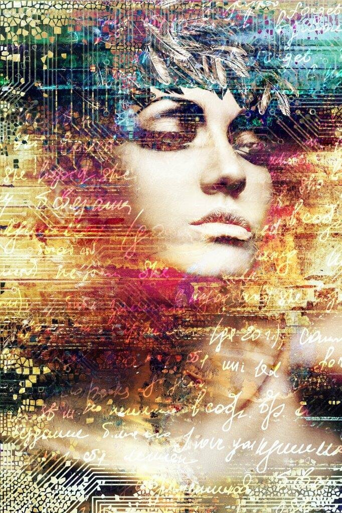 Cirquit Board Girl schilderij kopen, kunst van Mylene, vrouw en technologie kunst, modern digitaal portret, bewerkbare kunst met verf en glitters, kunst kopen Capelle aan den IJssel, schilderij met circuit board, custom art Rotterdam, kunst Alexandrium, mixed media kunst vrouw, stoer vrouwportret aan de muur, interieurkunst met impact, GINVI art gallery Rotterdam