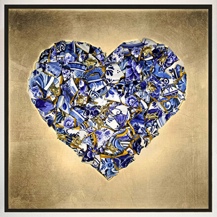 Delfts Blauw Hart, ginvi,  Koro Delft Blua, mart krijger, kunst op maat, hart met schildpadden, gouden hart en delftsblauw, delftsblauwe kunst, 3d schilderij, kunstkopen rotterdam