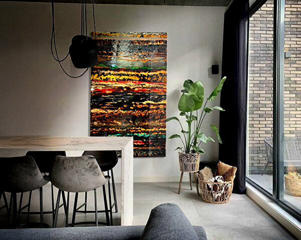 Aki, Herfst, abstract kunstwerk, rondkunstwerk, luxe kunstwerk, kunt op maat, epoxy rond schilderij, epoxy schilderij, abstract groot schilderij.