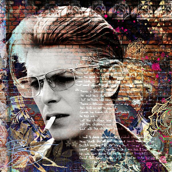 David Bowie schilderij, david bowie kunstwerk, davindbowie kleurrijk schilderij, bowie artwork, davod bowie mixed media, art, artgallery, rotterdam, schilderij kopen alexandrium, shilderij kopen rotterdam, kunst op maat ginvi